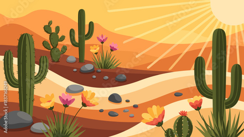 Vibrant desert landscape with saguaro cacti, blooming flowers, and bright sun rays