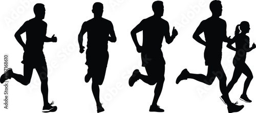 Silhouette group of people running in motion, jogging athletes in outdoor fitness activity, marathon runners and active lifestyle illustration set