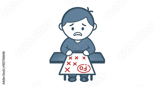 Sad Young Student Sitting At Desk Showing Test Paper With F Grade And Xs And Os Marks Reflecting Academic Failure And Disappointment Simple Cartoon Illustration On Black Background