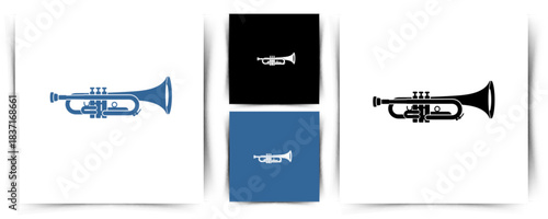 Stunning trumpet icon set displays musical instrument variations for concert promotions and branding. Minimalist Trumpet Musical Instrument Logo Design