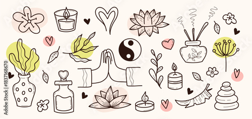 Spa Wellness Hand Drawn Doodle Set. Relaxation, Self-Care, And Zen Accessories, Incense, Aroma Oil and Hands Namaste Gesture. Isolated Outline drawings. Vector Illustration. Not AI