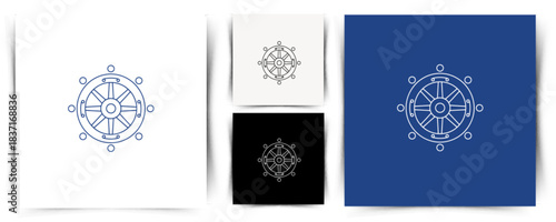 Elegant Dharma Wheel line art icon perfect for spiritual or nautical branding projects