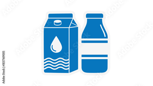Simple Line Art Illustration of a Blue Milk Carton and a Blue Bottle with a White Label on a Black Background Representing Dairy Products and Beverages