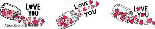 Jar spilling abundant pink and red love hearts with "love you" text.