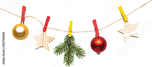 Christmas Ornaments on Clothesline Vector Illustration Featuring Baubles, Wooden Stars, and Pine Branch Clipped to Twine for DIY Holiday Decor and Festive Crafts