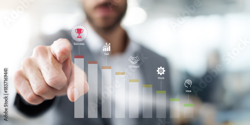New product development and implementation concept. Businessman pointing at growth chart representing stages from idea and planning to work, testing, launch, and market success. Innovation process, st