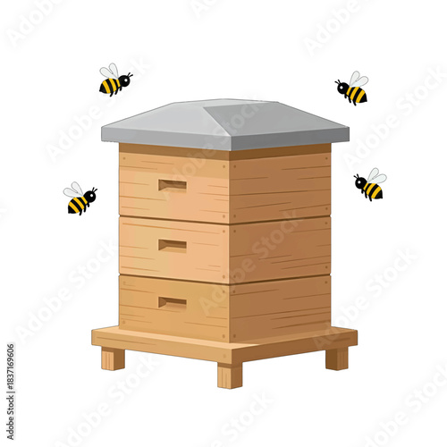 Beehive with Bees Flat Design Illustration