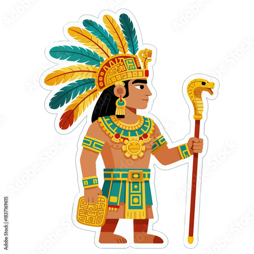 Aztec Warrior with Feather Headdress and Snake Staff Illustration