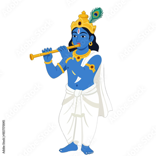 Blue Hindu God Krishna Playing Flute Illustration