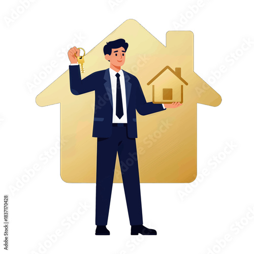 Businessman Holding Key and House Model Vector Illustration