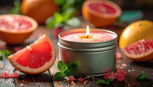 Scented candle surrounded by ruby red grapefruit slices on rustic wooden surface, with mint sprigs for freshness