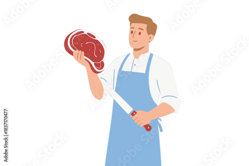 Butcher Holding Knife and Beef Steak Illustration