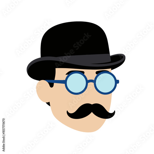 Cartoon Man with Bowler Hat and Blue Glasses Illustration