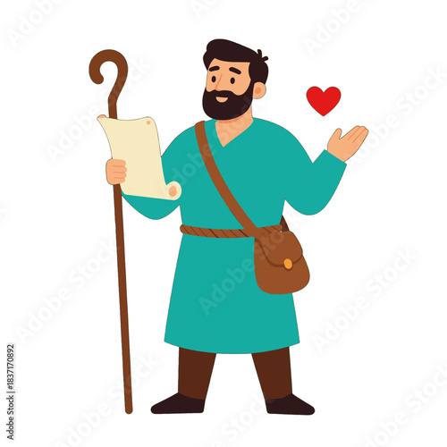 Cartoon Shepherd Holding Scroll and Staff with Red Heart