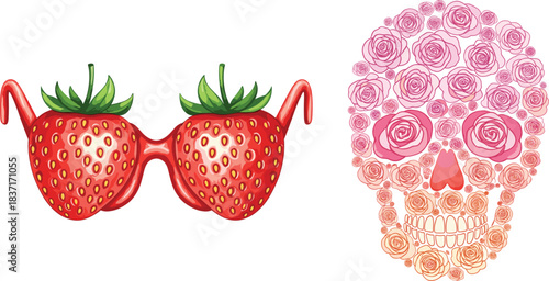 Trendy vector illustration combining a detailed sugar skull made of pink roses and blossoms with fun, novelty strawberry-shaped sunglasses, perfect for quirky graphic prints and posters