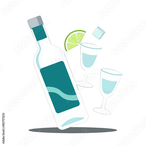 Colorful Alcohol Bottle and Glasses Flat Design Illustration