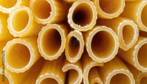 Close-up of rigatoni pasta, showing circular tubes arranged densely, varying light and shadow highlighting texture