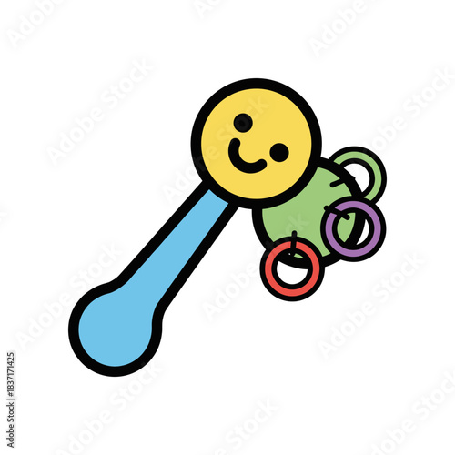 Cute cartoon baby rattle with smiley face and colorful rings.