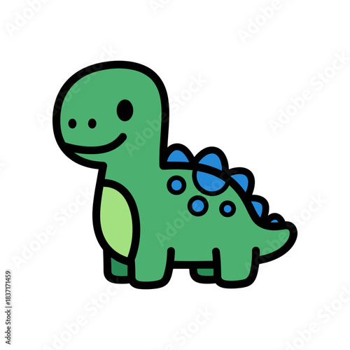 Cute cartoon green dinosaur with blue spots and spikes.