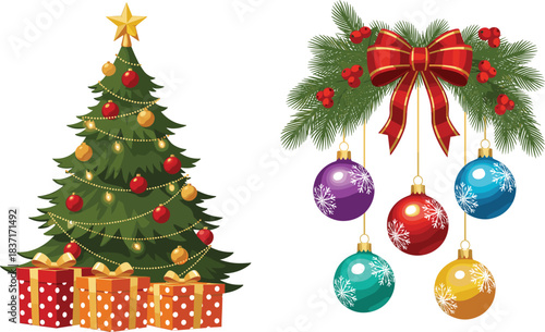 Vibrant vector illustration featuring a richly decorated Christmas tree with glowing lights and presents, alongside hanging ornaments from a festive pine and ribbon garland for holiday greeting cards