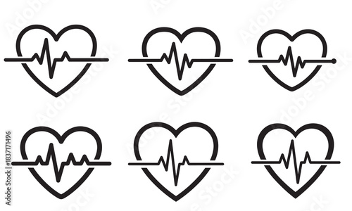 Set of six heartbeat ekg line icons representing cardiology and health