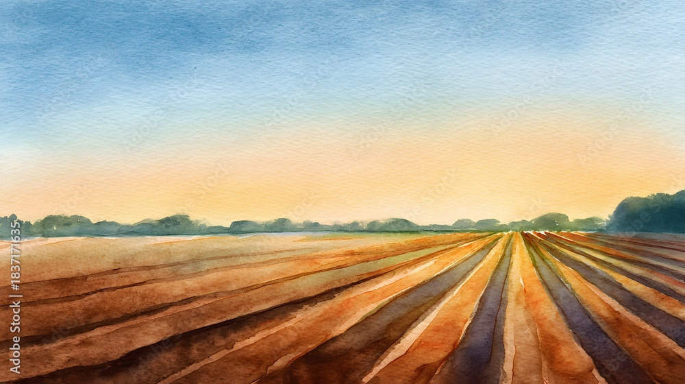 Fototapeta premium Golden sunset over farmland peaceful rural scene watercolor illustration evokes warmth and tranquility