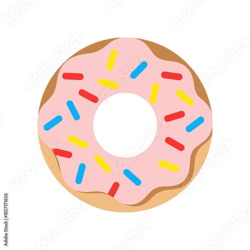 Delicious pink frosted donut with colorful sprinkles is a sweet treat.