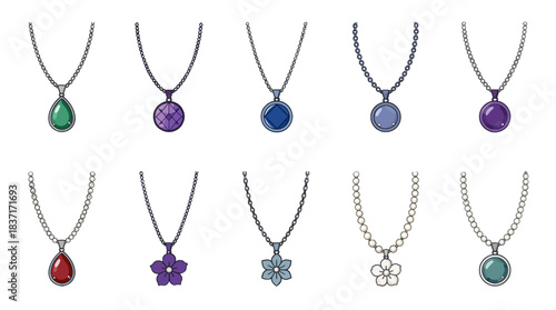Colorful Pendant Necklace Flat Vector Collection
