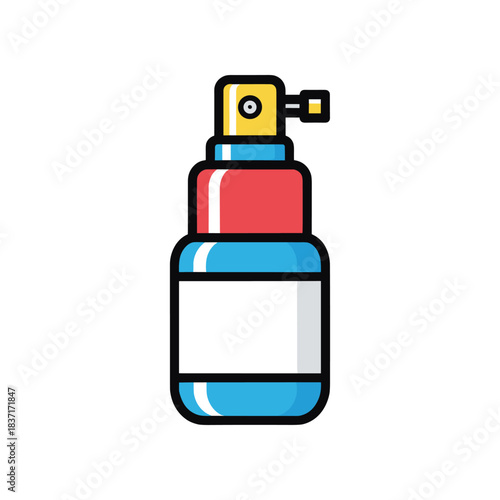 Illustration of a nasal spray bottle with a blue body and red top.