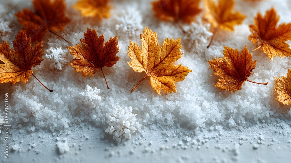Obraz premium Top-down view of golden autumn maple leaves lying on fresh white snow with a large white snowflake decoration and cold textured lighting.