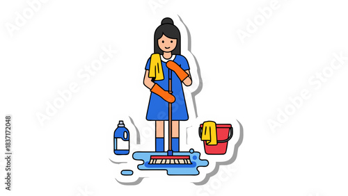 Smiling Woman in Blue Uniform and Orange Gloves Mopping a Wet Floor with Cleaning Supplies and Bucket Awaiting Further Tasks Professionally