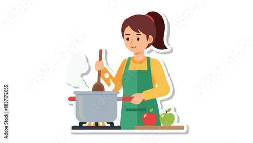 Smiling Woman In Yellow Shirt And Green Apron Cooking Food On Stove Top With Steam Rising From Pot And Apples On Countertop In A Kitchen