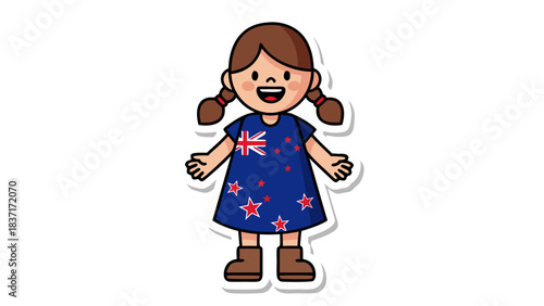 Smiling Young Girl in a Blue Dress Featuring the New Zealand Flag and Stars with Brown Boots and Braided Hair Standing Against a Black Background