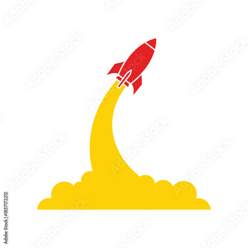 Red rocket soaring through the sky with yellow exhaust and smoke.