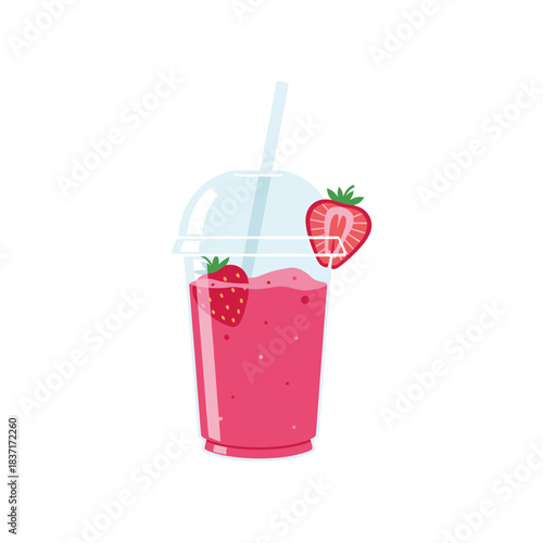 Refreshing Strawberry Smoothie in a Clear Plastic Cup with Straw.