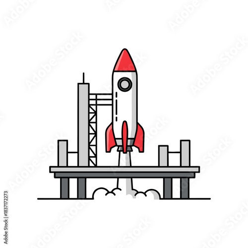 Rocket Launching from Launchpad with Smoke and Fire.