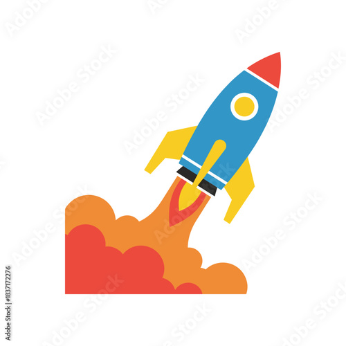 Rocket Launching into Space with Flames and Smoke.