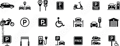 Comprehensive collection of parking icons for cars, motorcycles, disabled spots, and ev charging stations