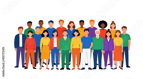 Diverse Group of People Standing Together in Colorful Attire Flat Illustration