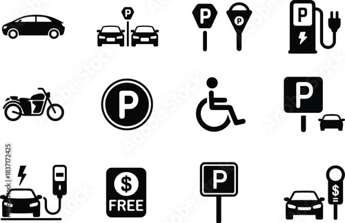 Parking and transportation icons: car, motorcycle, ev charging, handicap, free, paid, meters, signs
