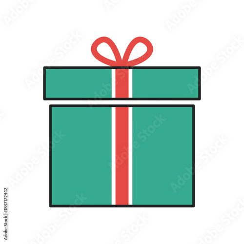 Simple Green Gift Box with Red Ribbon and Bow.