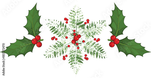 Decorative winter holiday vector illustration featuring a central fern frond snowflake or star pattern adorned with red berries and flanked by two classic holly sprigs for Christmas design