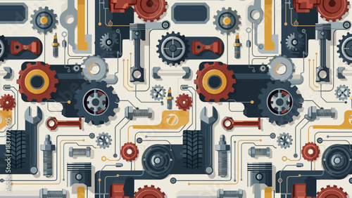 Seamless pattern of mechanical parts, gears, pistons, and tools in a vintage industrial style