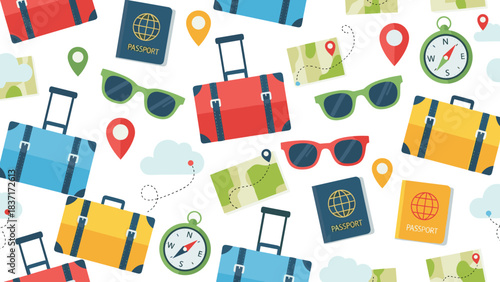 Seamless pattern of travel and vacation icons suitcases, passports, sunglasses, maps, compasses, and location pins