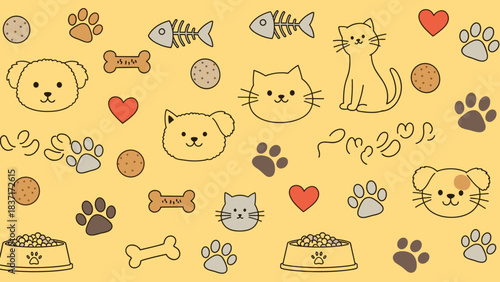 Cute seamless pattern with cartoon cats, dogs, bones, fish skeletons, paw prints, and food bowls on yellow background