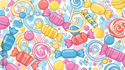 Colorful assortment of candies and lollipops in a sweet pattern
