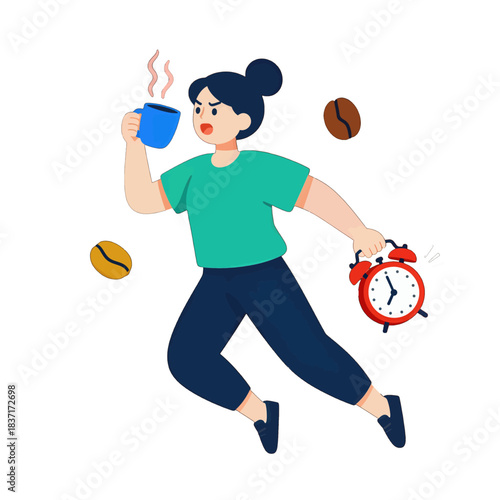 Energetic Woman Running with Coffee and Alarm Clock Illustration