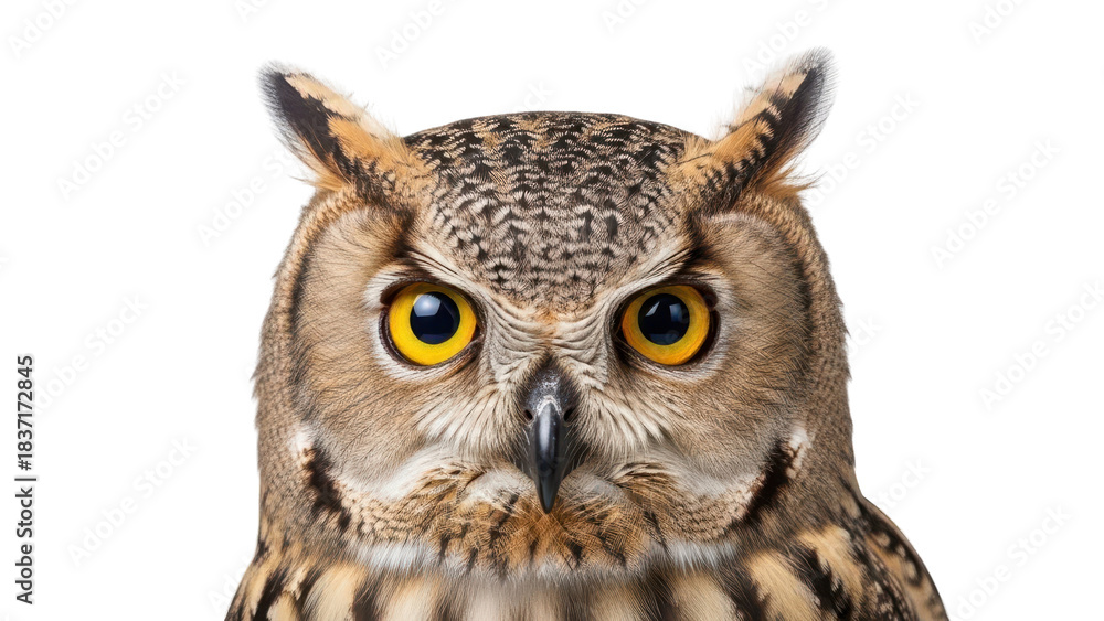 Obraz premium Close-up front view of an owl's head with bright yellow eyes and prominent ear tufts isolated PNG with Transparent Background