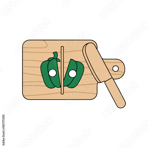 Wooden Toy Cutting Board with Green Bell Pepper and Knife.