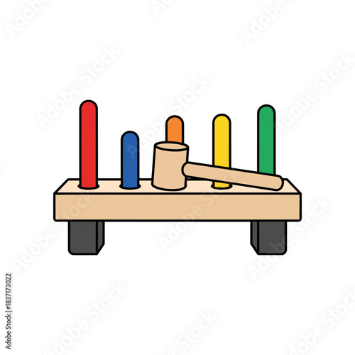 Wooden toy hammer bench with colorful pegs for kids to play.